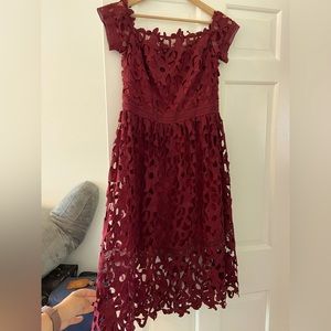 Chi chi London lace midi dress burgundy wine merlot off the shoulder 8 holiday